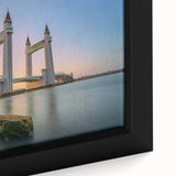 Extra large framed canvas featuring a textured depiction of the London skyline in black with colorful accents.