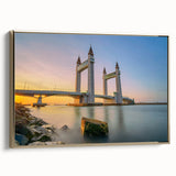 Vintage poster art of London landscape in black and gold tones on framed canvas, ideal for bedroom wall decor.