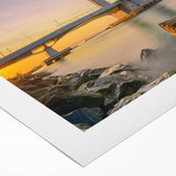 Art Deco poster of London skyline in muted gray and blue tones on rolled canvas, suitable for dining room decor.