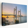 Side view of a stretched canvas featuring a detailed London cityscape in muted earth tones, ideal for kitchen wall art.
