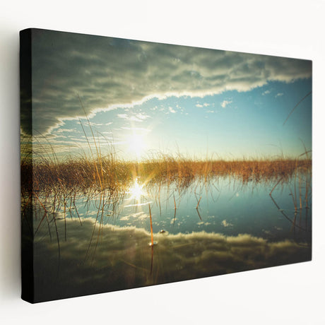 Large art depicting a serene Estonian landscape on stretched canvas, with muted green and blue tones.