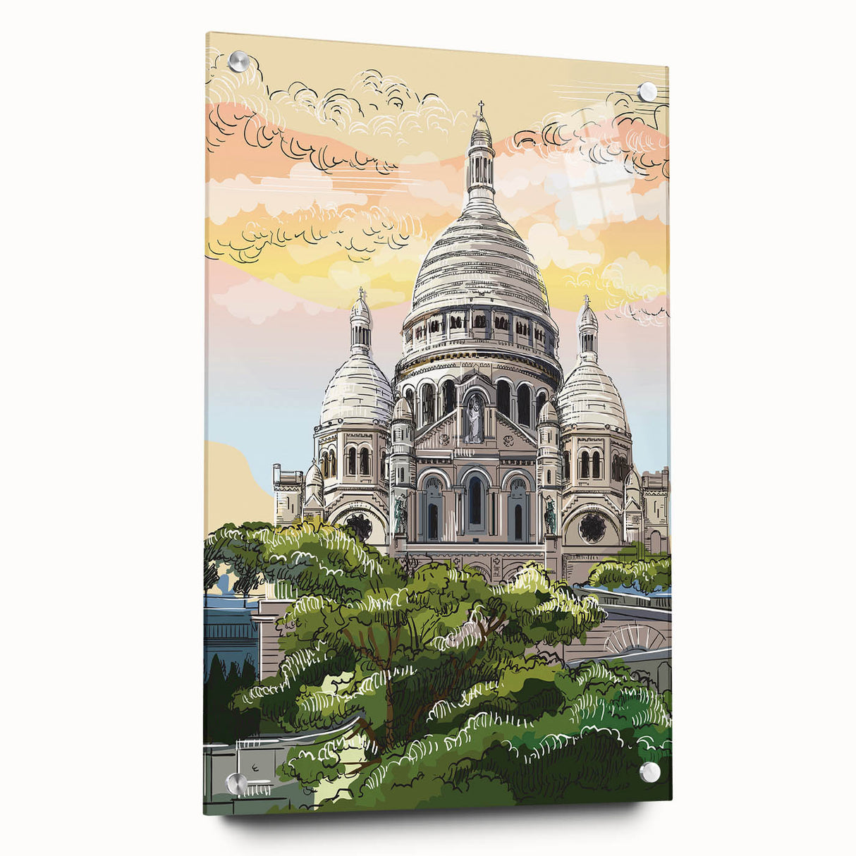 Acrylic print of Paris skyline in muted gray and blue tones, ideal for dining room art.