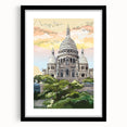Extra large abstract art print of a colorful Paris skyline, set in a black frame with mat, ideal for living room decor.