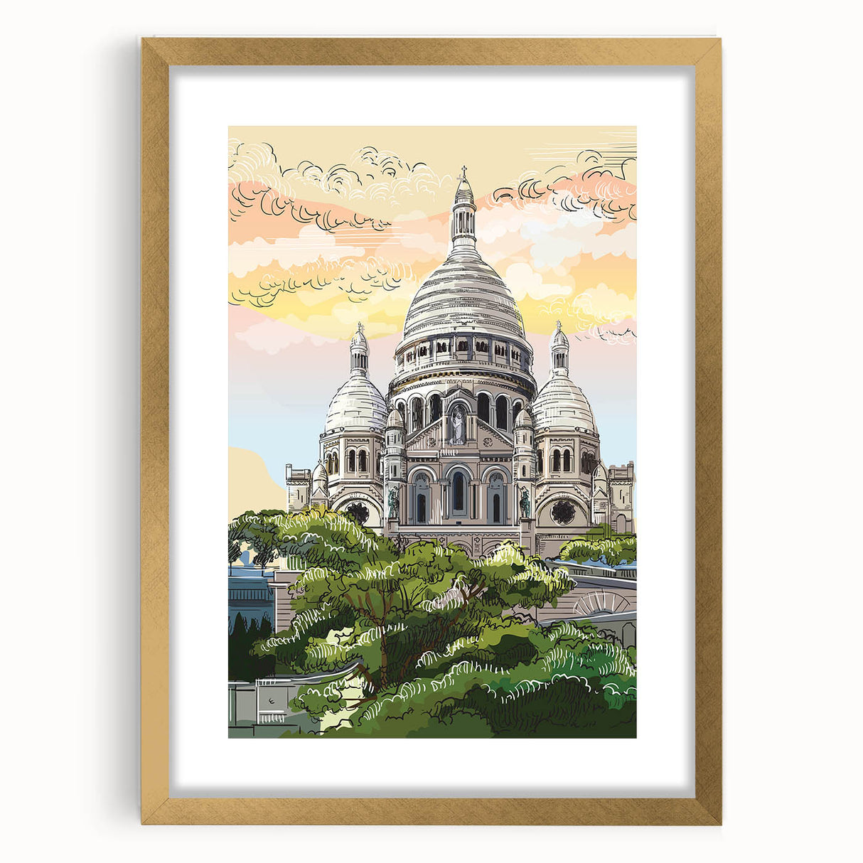 Abstract art print of Paris scenery in muted gold and gray tones, framed with a golden mat, suitable for dining room decor.