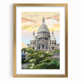 Abstract art print of Paris scenery in muted gold and gray tones, framed with a golden mat, suitable for dining room decor.