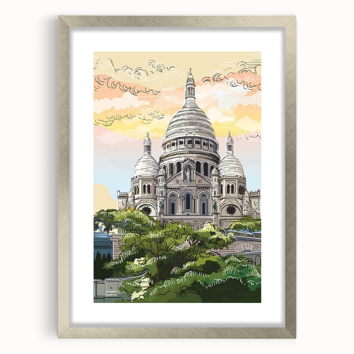 Extra large wall art featuring an abstract depiction of a Paris scene in textured grays and blues, framed in silver.