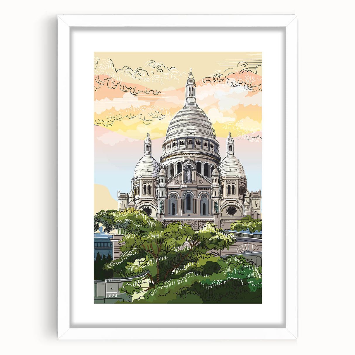Textured abstract art print of Paris scenery in muted gray and blue, framed with a white mat, ideal for bedroom art.