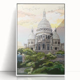 Mid-century modernist art of Paris scenery in muted colors, acrylic print framed in white, ideal for nursery wall art.