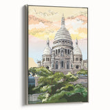 Framed canvas featuring a vintage-style Paris landscape with colorful art elements and a predominantly black border.