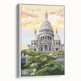 Vintage poster art of Paris with colorful accents on extra large framed canvas, ideal for living room decor.