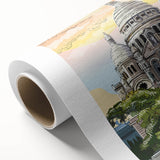 Art Deco poster of Paris scenery on rolled canvas in muted pastel shades, ideal for nursery wall art.