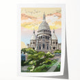 Extra large rolled print of Paris scenery with floral elements in muted colors, ideal for art wall dining room.
