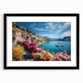 Colorful abstract art print of a Provencal landscape, in a black frame with mat, ideal for living room decor.