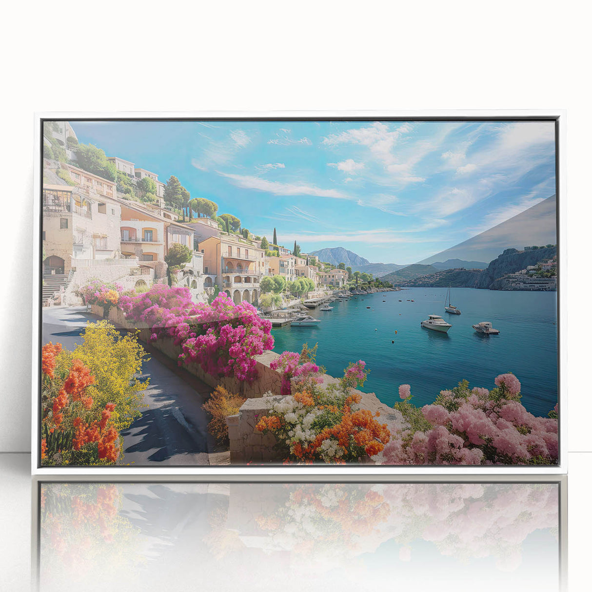 Mid-century modernist art depicting a serene Provence landscape on a framed acrylic, with soft pastel shades.