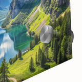 Large abstract wall art featuring a mid-century modernist Bavarian landscape in muted earth tones on acrylic glass.