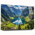 Acrylic print of a Bavarian landscape in muted green and blue tones, ideal for bedroom or dining room decor.