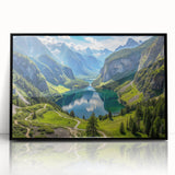 Large abstract wall art depicting a Bavarian landscape in muted earth tones on a framed acrylic panel.