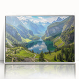 Mid-century modernist art depicting Bavarian landscape in muted colors on framed acrylic, ideal for nursery wall art.