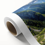 Art deco poster of a Bavarian landscape on rolled canvas, featuring muted earth tones, ideal for nursery wall art.