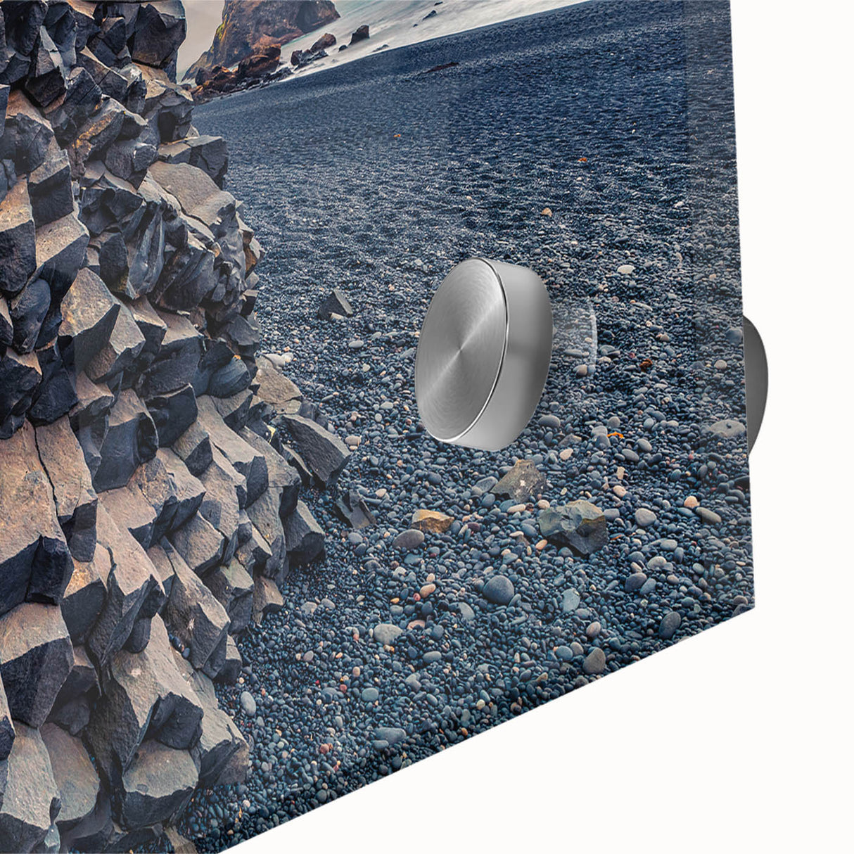 Large abstract acrylic print of a serene Icelandic landscape in cool blue and gray tones, ideal for dining room art.