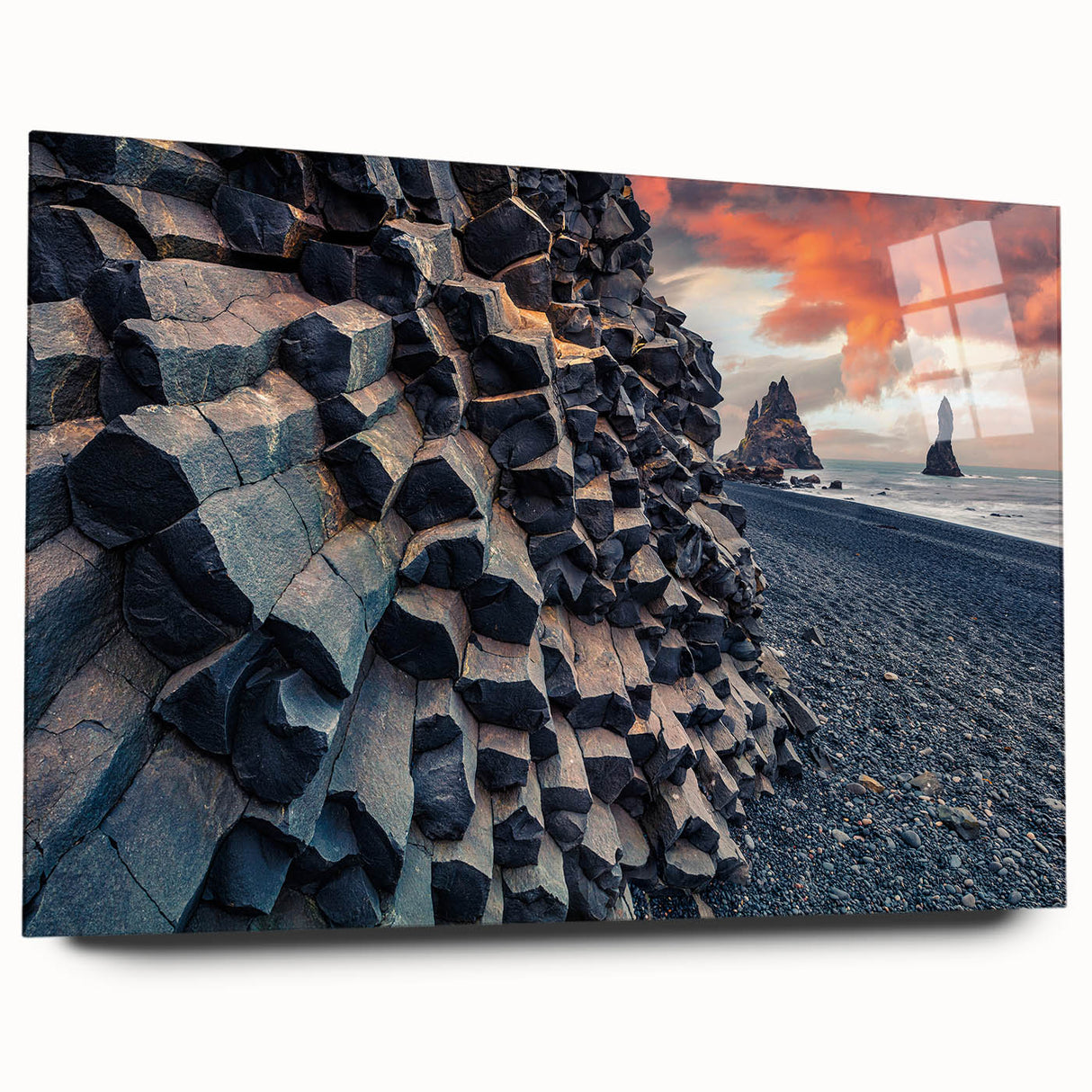 Large abstract wall art depicting a serene Icelandic landscape in muted blue and gray tones on acrylic glass.