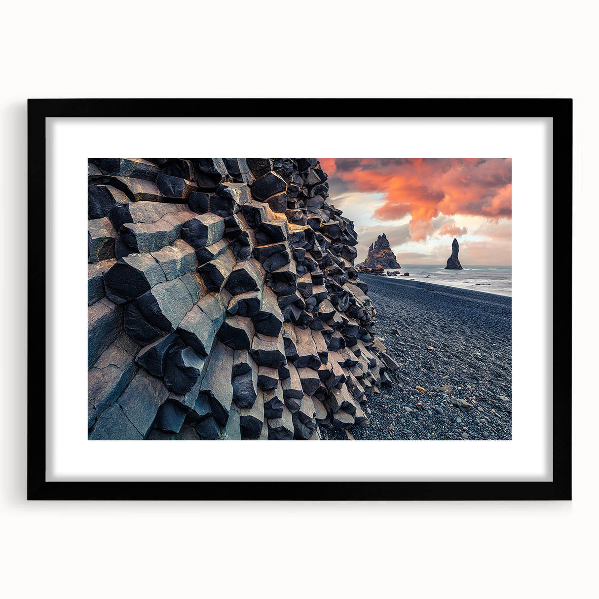 Extra large framed abstract art print of a colorful Icelandic scenery in textured style, ideal for living room decor.