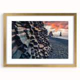 Abstract art print of a European landscape in muted earth tones, framed in gold, suitable for dining room decor.