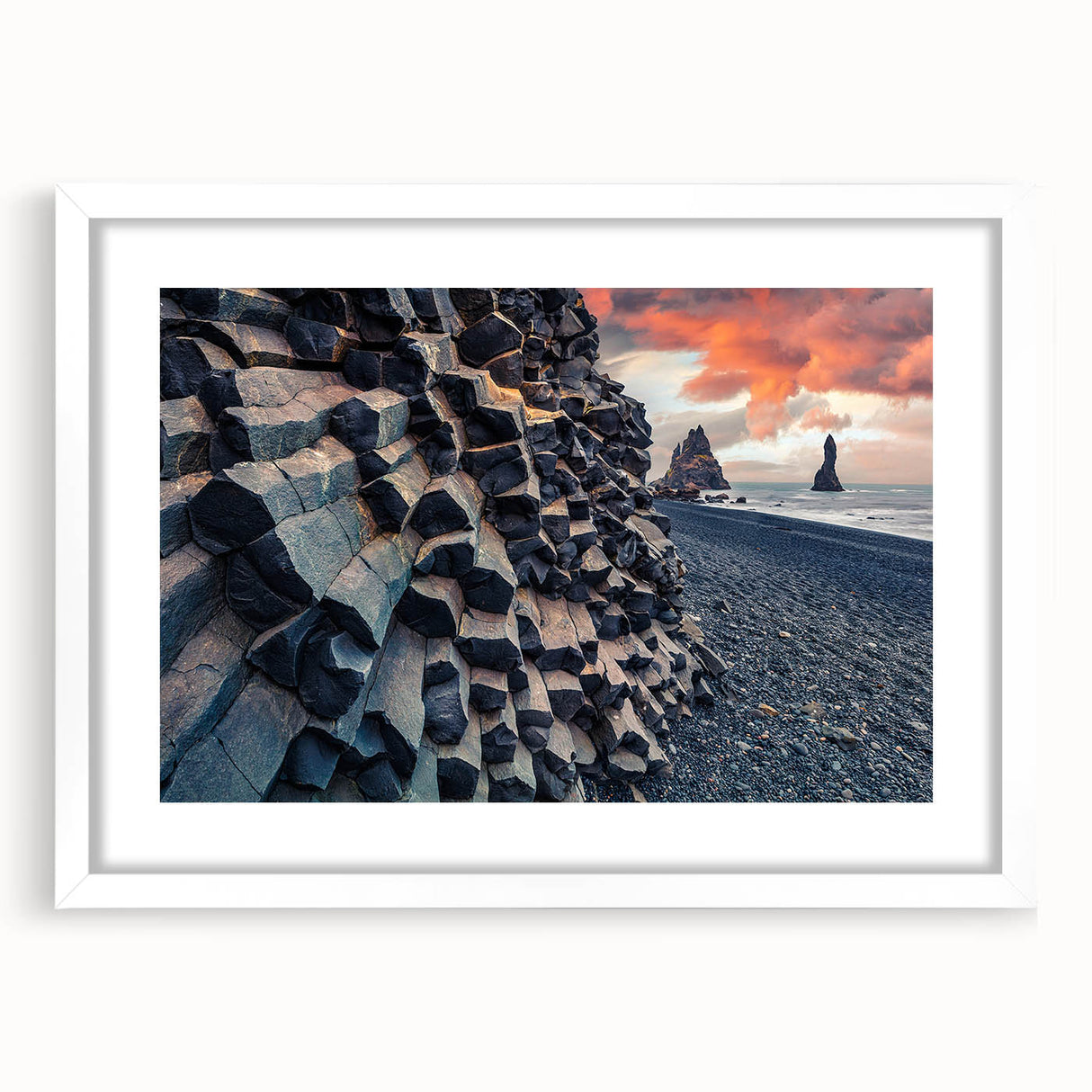 Textured art depicting an abstract Icelandic landscape in muted blue and green hues on a framed white mat.