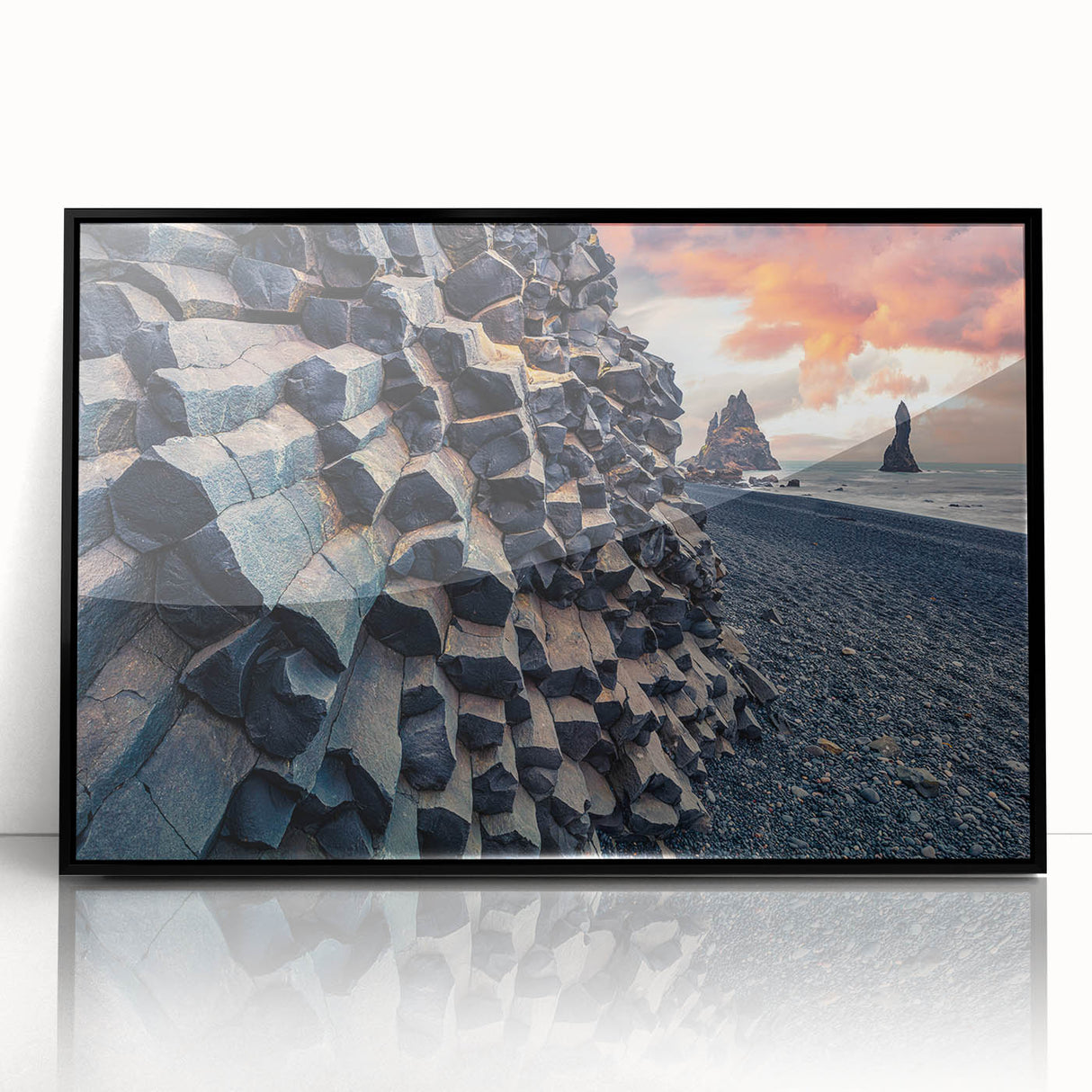 Large abstract wall art depicting a serene Icelandic landscape in muted gray and blue tones on a framed acrylic.