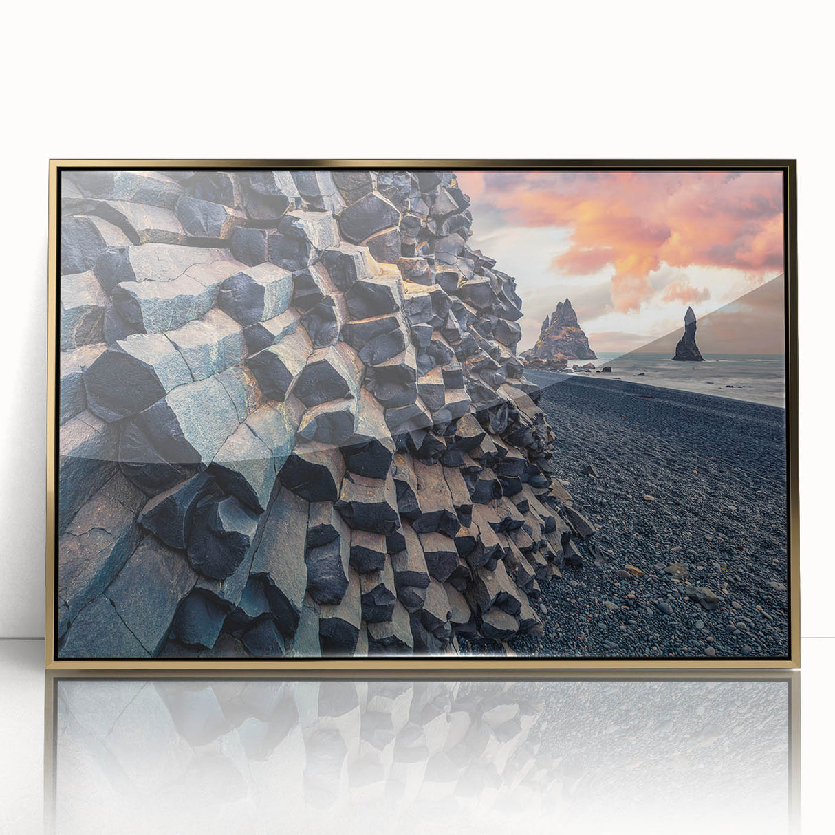 Art deco poster of an Icelandic landscape in muted blues and grays, acrylic print in a gold frame.