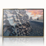 Art deco poster of an Icelandic landscape in muted blues and grays, acrylic print in a gold frame.