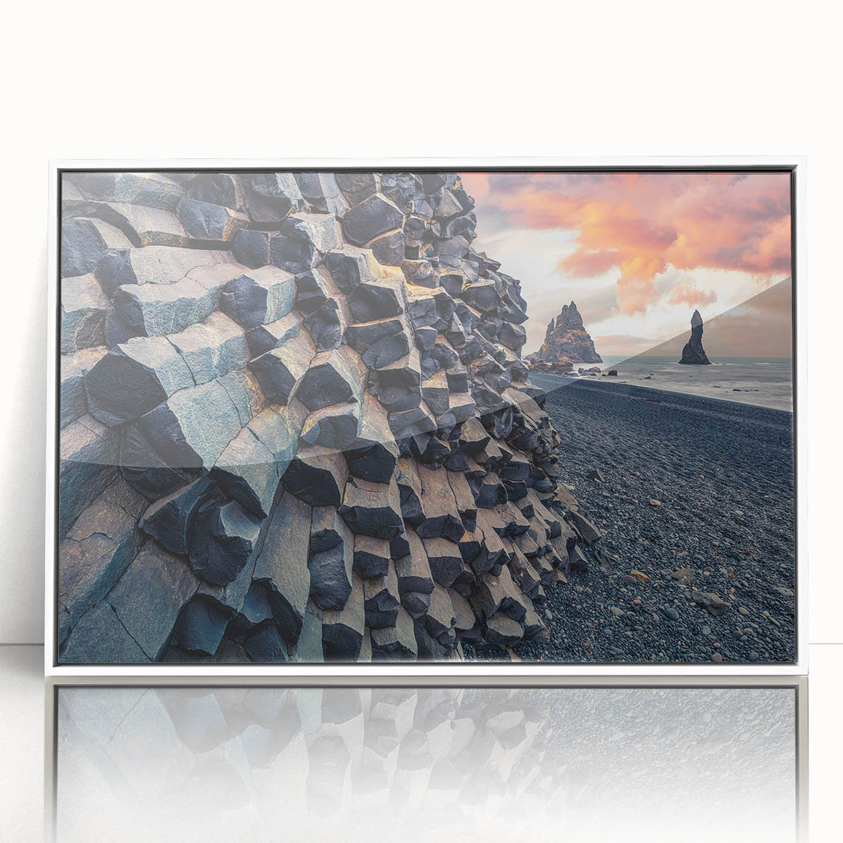 Mid-century modernist art depicting a serene Icelandic landscape in muted earth tones, framed acrylic.
