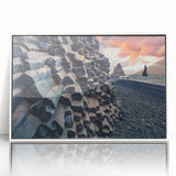 Mid-century modernist art depicting a serene Icelandic landscape in muted earth tones, framed acrylic.
