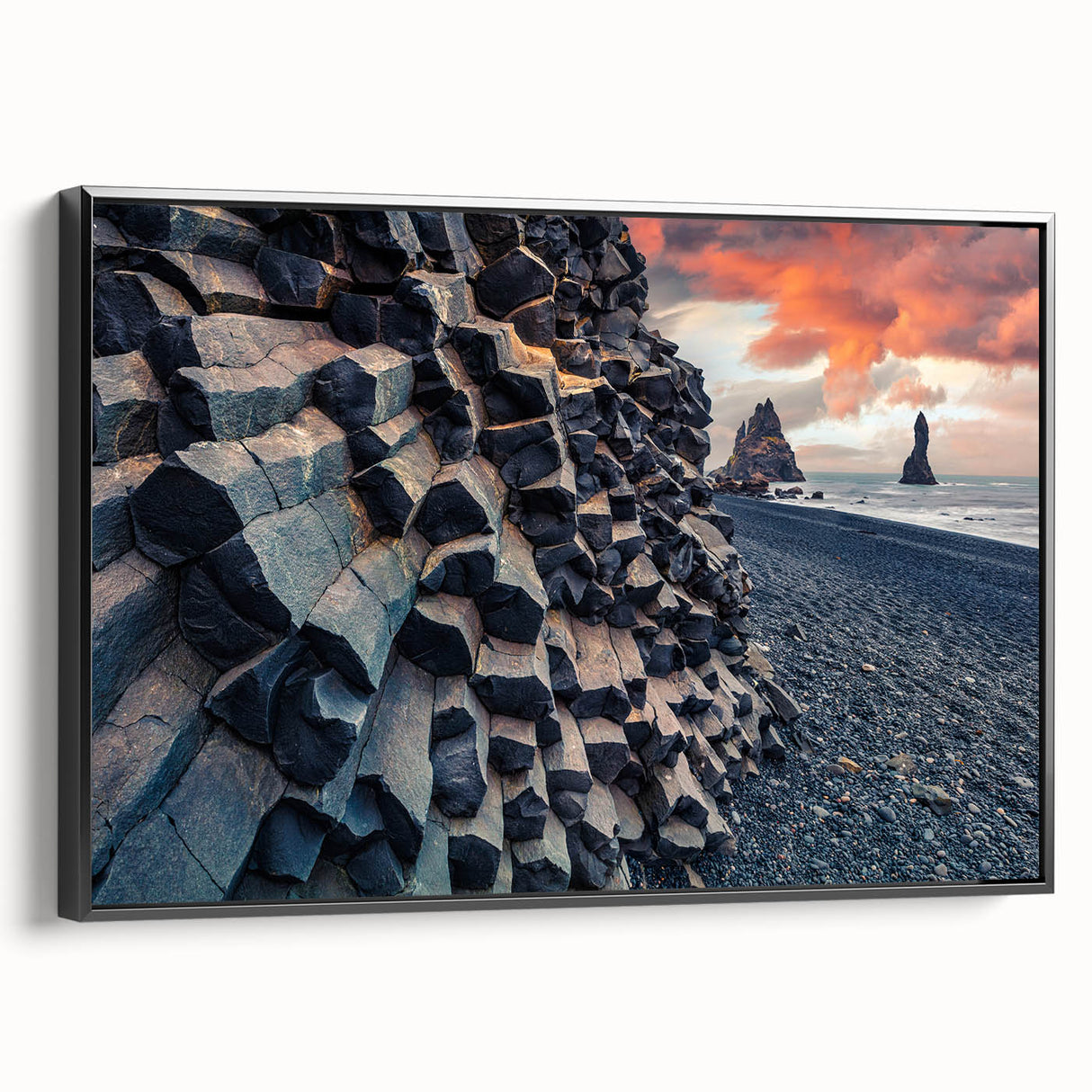 Black and white framed canvas featuring a vintage landscape of Iceland, ideal for bedroom wall decor.