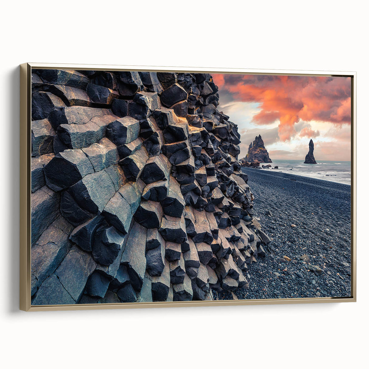 Framed canvas wall art depicting a serene Icelandic landscape in muted earth tones, ideal for bedroom decor.