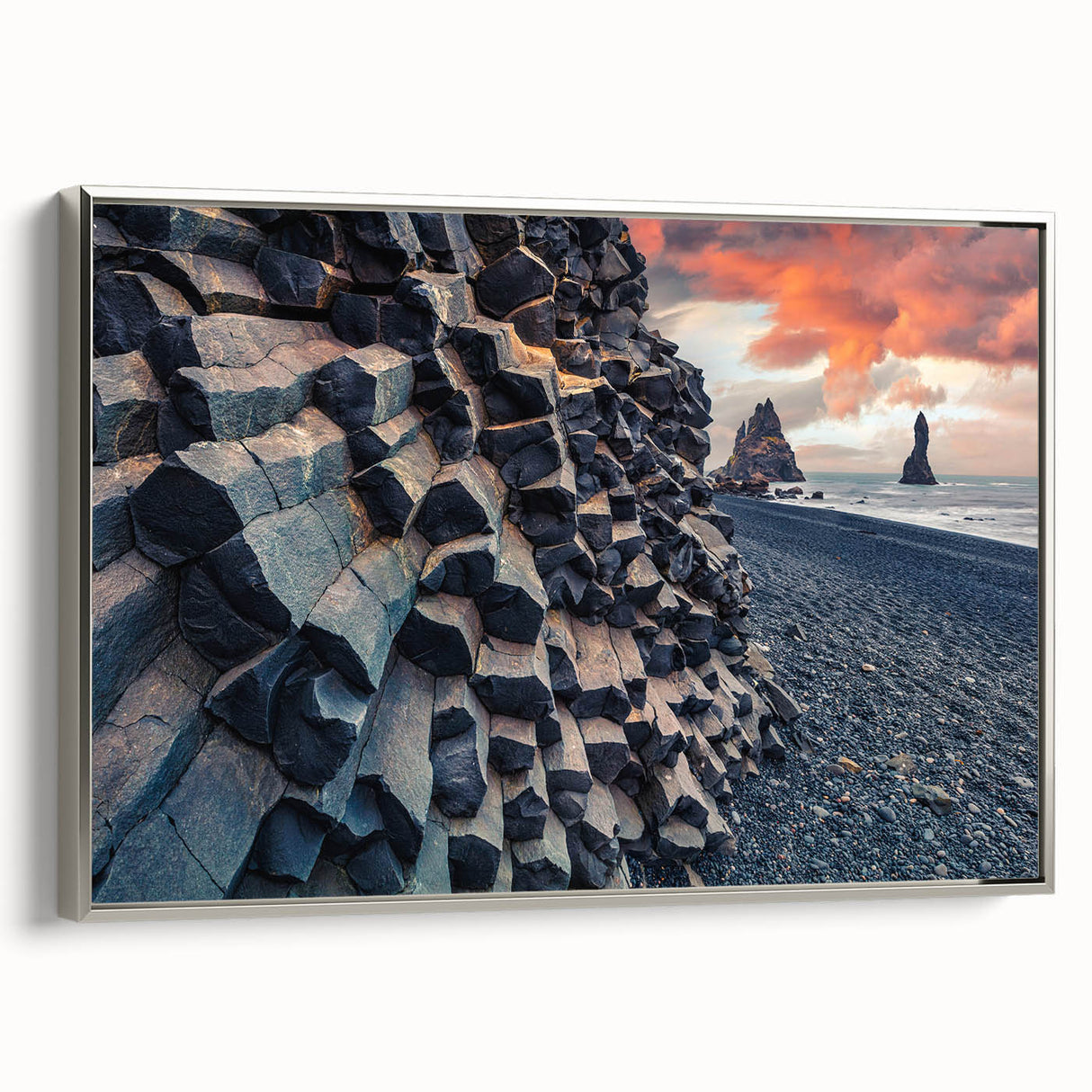 Framed canvas landscape art painting depicting a serene Iceland scenery in muted gray and black tones.