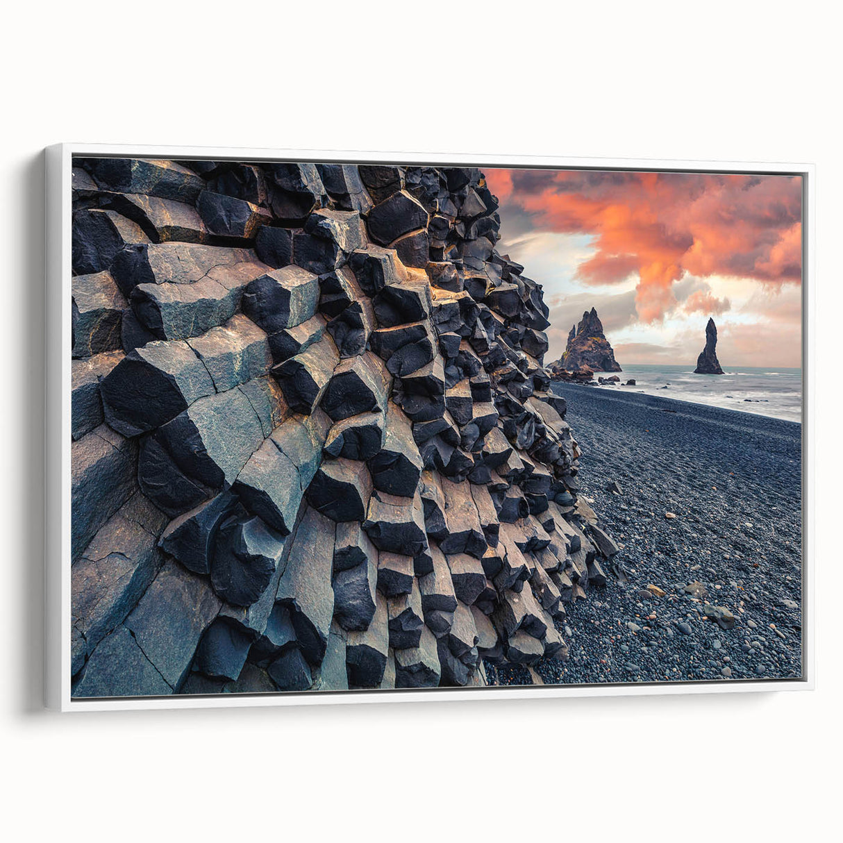 Vintage poster art of Icelandic scenery on a framed canvas, featuring a blend of colorful and black elements.