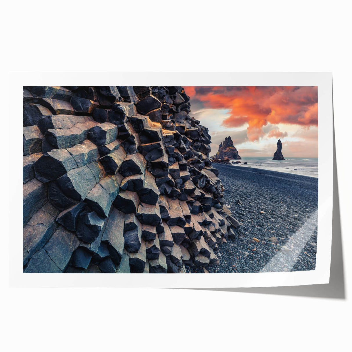 Extra large rolled print of a serene Icelandic landscape, featuring muted green and blue tones.