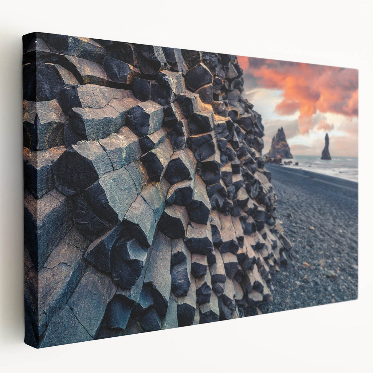 Large art of an Icelandic landscape in muted blues and greens on stretched canvas, suitable for kitchen wall art.