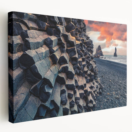 Large art of an Icelandic landscape in muted blues and greens on stretched canvas, suitable for kitchen wall art.