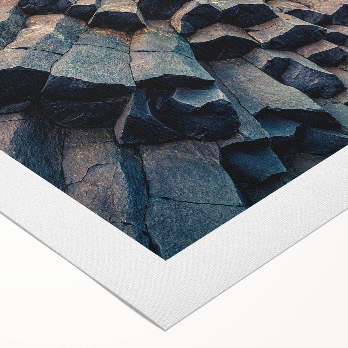 Art deco poster featuring a serene Iceland landscape in muted blue and green tones on rolled canvas.