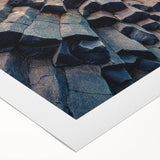 Art deco poster featuring a serene Iceland landscape in muted blue and green tones on rolled canvas.