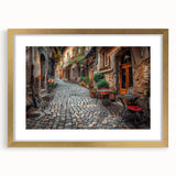 Abstract art print of Rome with gold frame and mat, featuring muted earth tones, ideal for dining room decor.