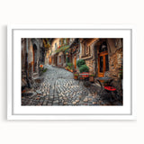 Textured art depicting an abstract Rome scenery in muted earth tones on a framed white mat, ideal for bedroom art.