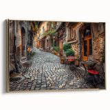 Framed canvas wall art depicting a vintage-style landscape of Rome in muted gold and black tones, ideal for bedroom decor.
