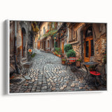 Vintage poster art of Rome on framed canvas, featuring colorful imagery on a black background, ideal for living room decor.