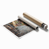 Extra large rolled print of Rome scenery with floral accents in soft earth tones.