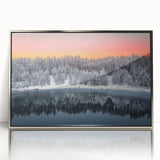 Large art print of a European Latvia scenery in muted earth tones, framed in silver acrylic.