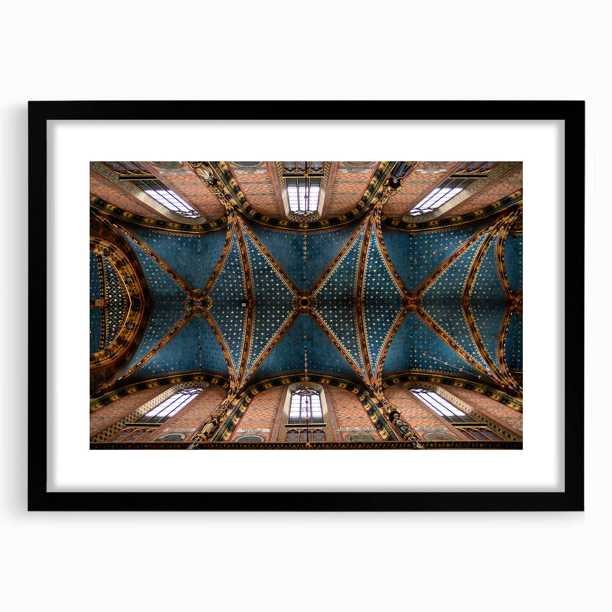 Extra large abstract art print of a textured, colorful European scenery in a black frame, ideal for living room decor.