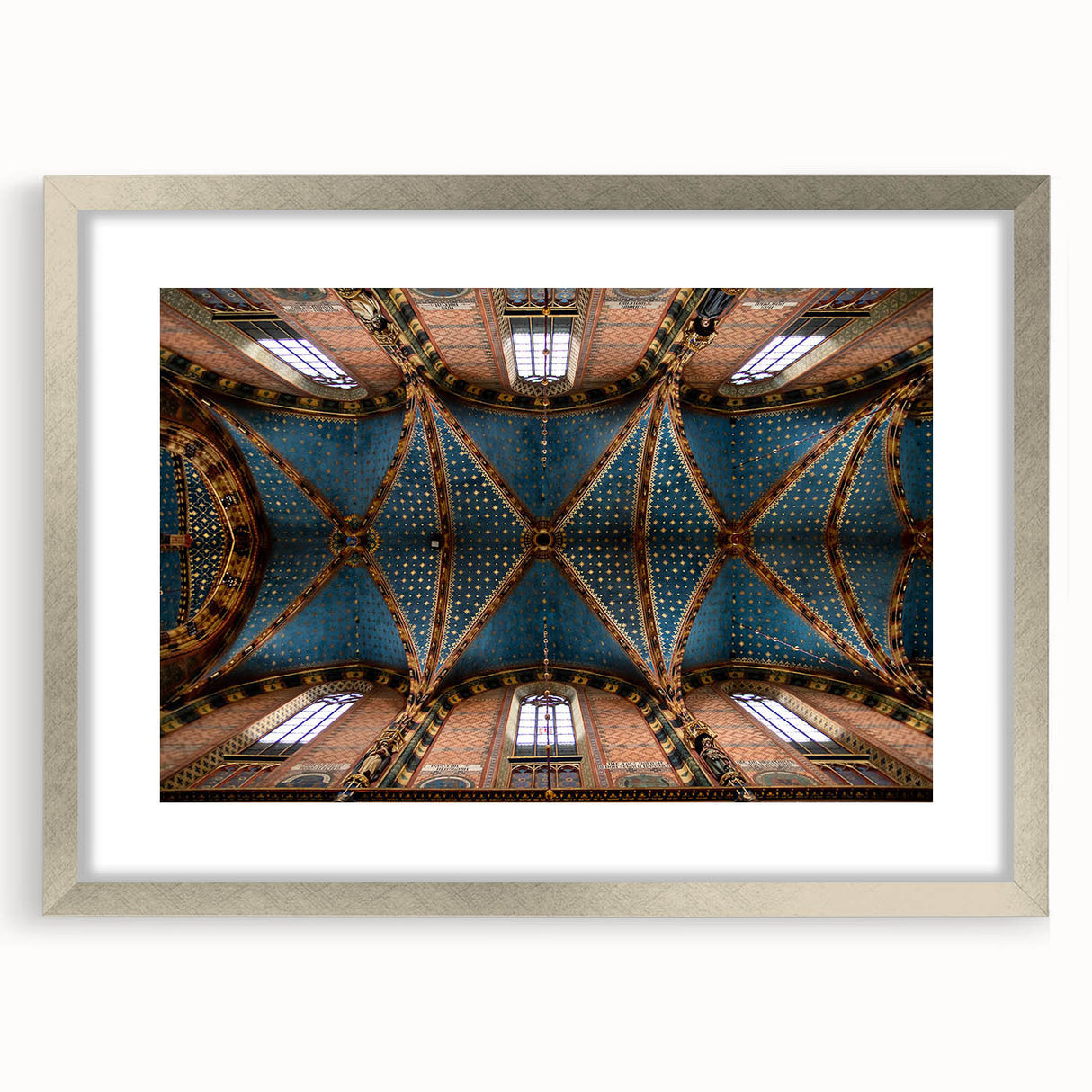 Extra large abstract art print depicting a textured European scenery in muted tones, framed with a silver mat.